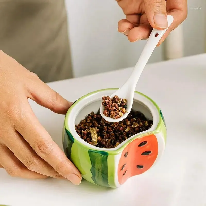 Serviesgoed Creatieve keramische kruidenpotten en flessen Keukendecoratierek Fruitmeloenvormige kruidenopslagtank met deksel Suikerpot