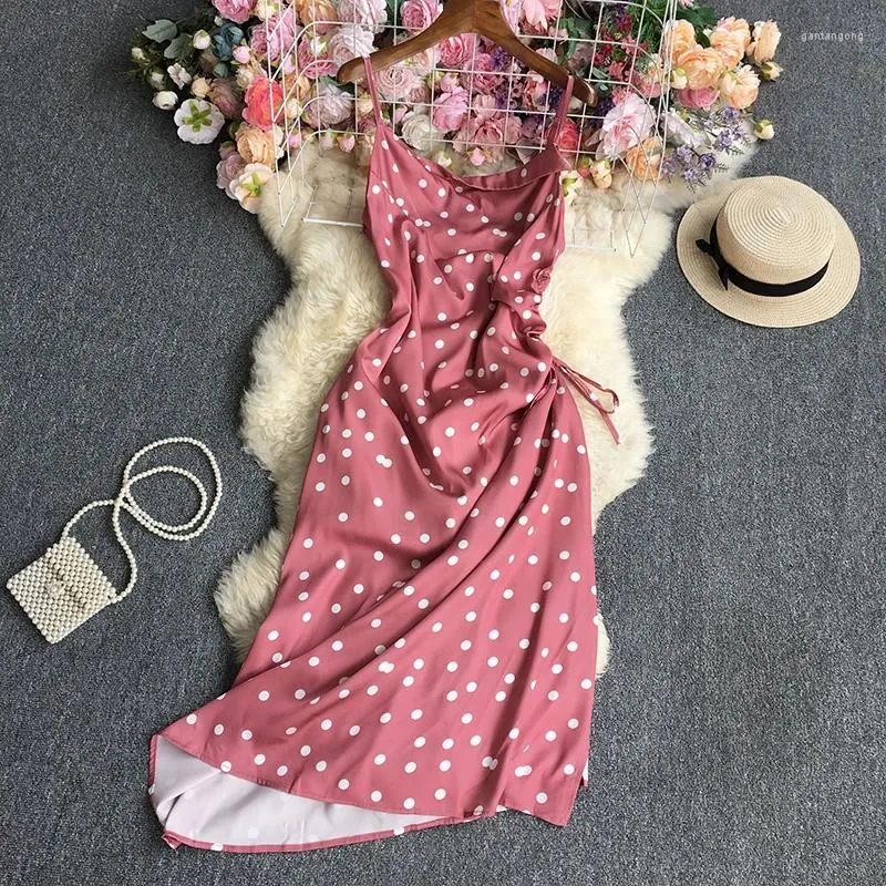 Casual Dresses Summer Korean Style Fashion Polka Dot One Word Collar Suspender Dress Women's High Waist Slimming Tie Slit A Long Skirt