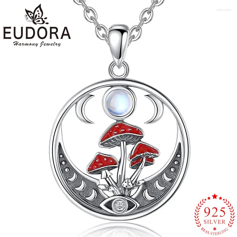 Hängen Eudora 925 Sterling Silver Triple Moon Necklace Mushroom Moonstone Pendant Witch Personality Jewelry Party Gift for Men Women Women