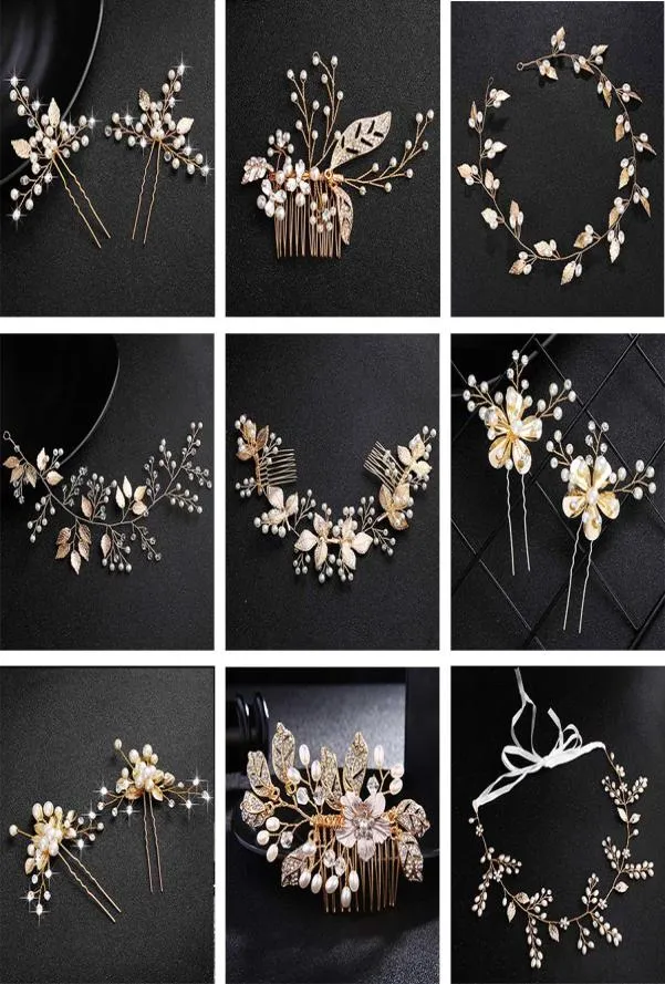 QYY Mode Perlen Gold Hochzeit Haarschmuck Blumen Braut Haarschmuck Haarnadeln Perlenklammern für Frauen Kopfbedeckungen3652840