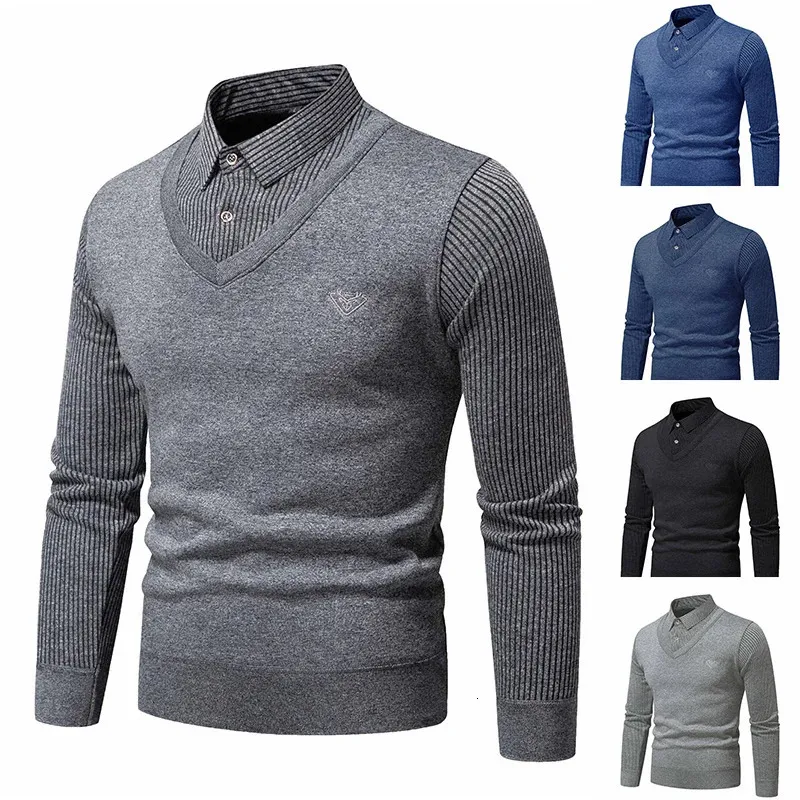 Autumn and Winter Mens Fake Two Piece tröja med fleece Slim Fit Polo Collar Sticked Bottom Skjorta förtjockad varm 240123