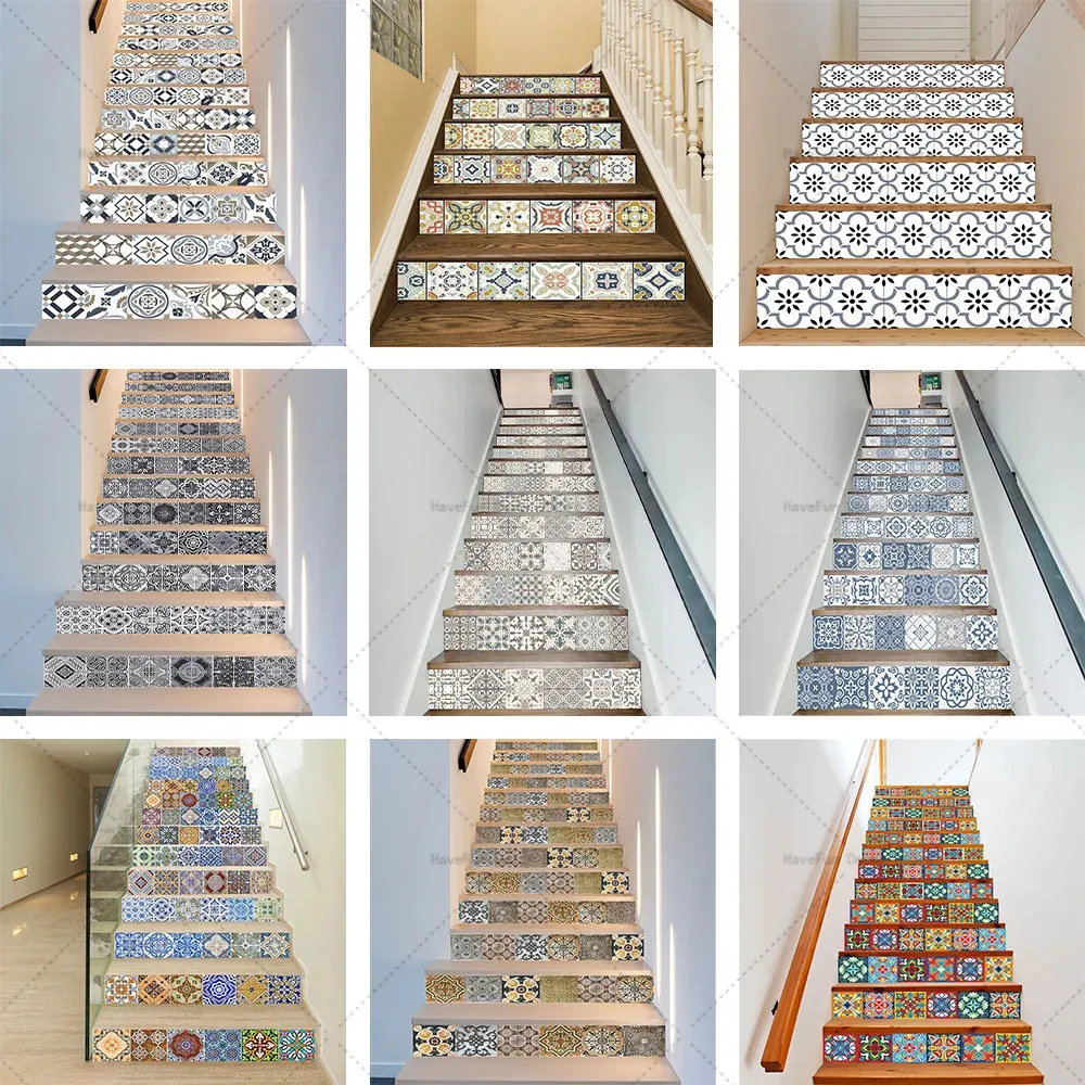 6 pièces/13 pièces rétro fleur carrelage escalier autocollants décoration de la maison sol Stickers muraux auto-adhésif étanche escalier papier peint 240127