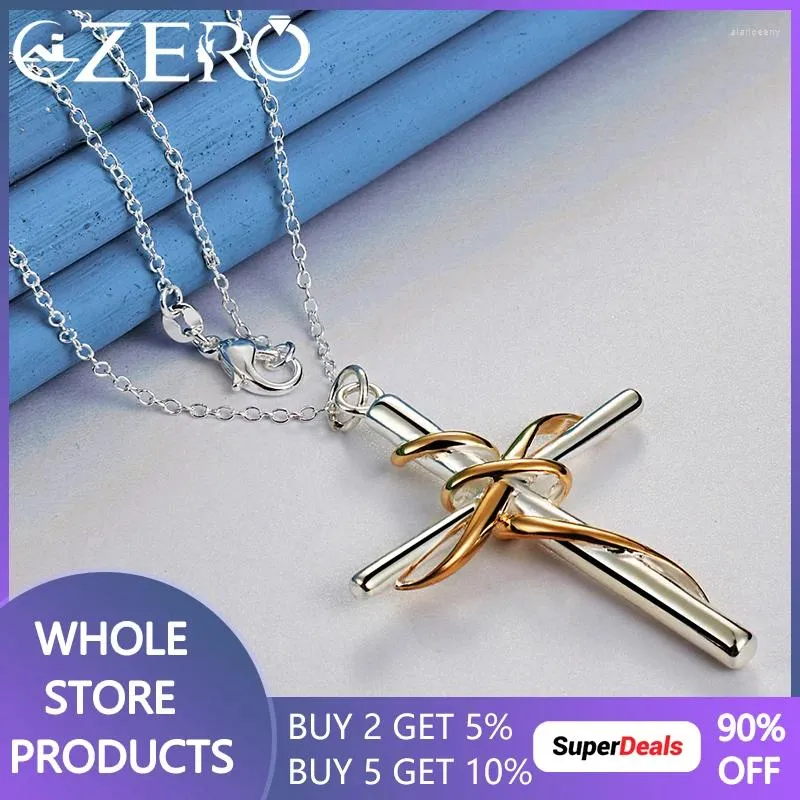 Pendants 925 Sterling Silver 18-30 Inch Chain Gold Line Surround Cross Pendant Necklace For Man Women Wedding Fashion Party Fine Jewelry