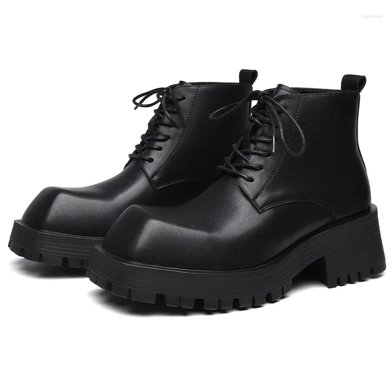 Boots Vintage Men Square Toe Ankle Thick Bottom Motorcycle Male Lace Up Chunky Shoes Casual Streetwear