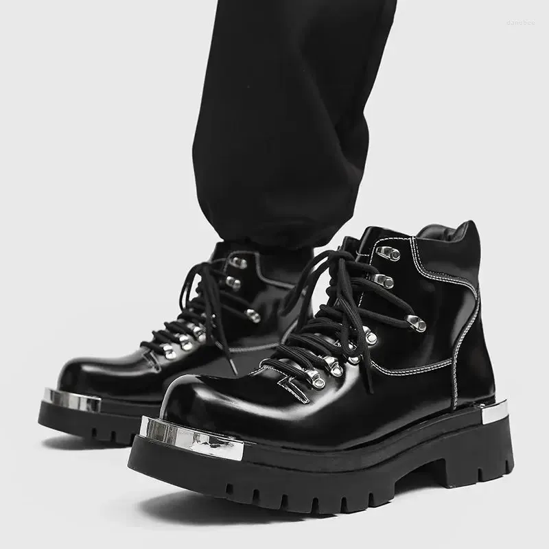 Botas homens rendas até plataforma tornozelo decoração de metal motocicleta estilo punk casais sapatos de couro masculino harajuku streetwear