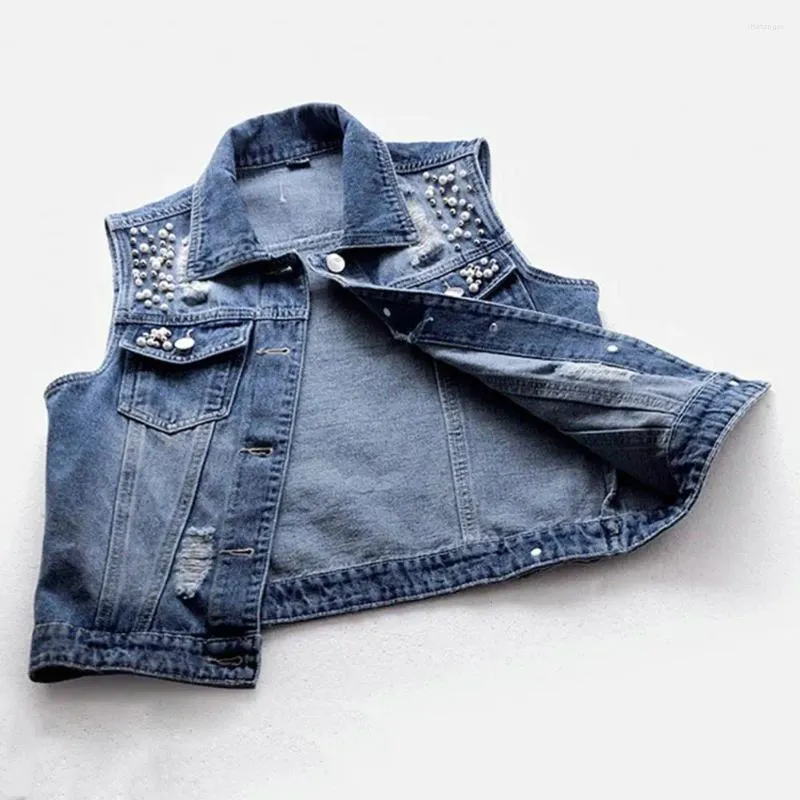 Coletes femininos femininos coletes colete de jeans de miçangas vintage para lapela com hop streetwear estilos de cor sólida em queda de ajuste solto