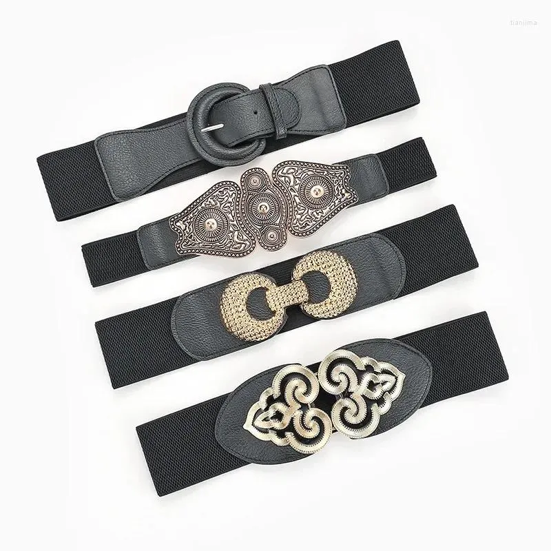 Belts 2024 Chinese Traditional Flower Waistbands Elastic For Women Dress Gold Double Metal Buckle