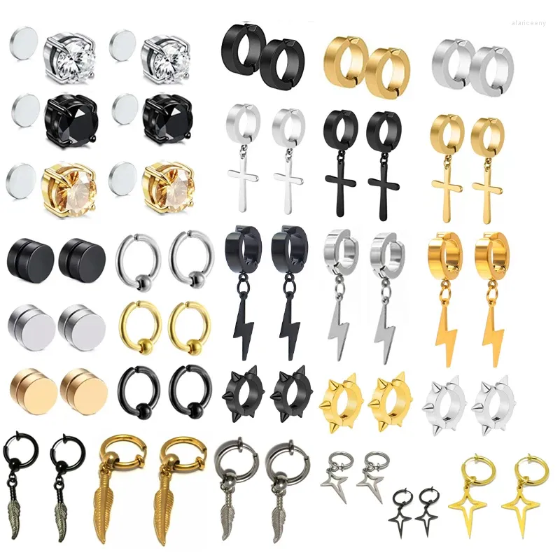 Boucles d'oreilles à dos en acier inoxydable 2024, magnétique, sans perçage, unisexe, Clip d'oreille magnétique CZ pour femmes et hommes, ensemble de boucles d'oreilles Punk Hip Hop