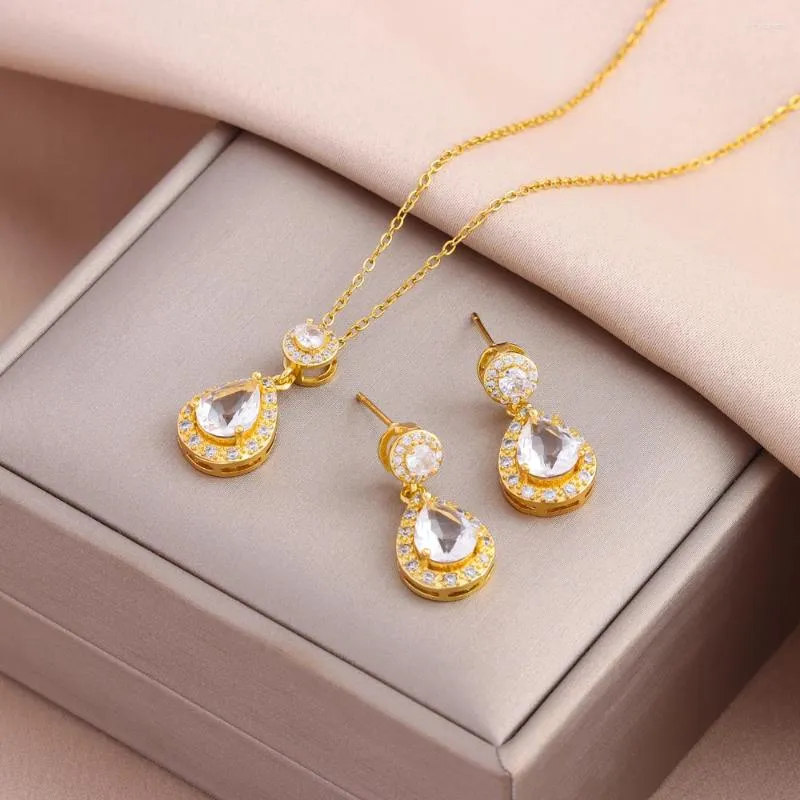 Pingente colares moda vintage zircon cristal gota de água brincos para mulheres feminino desgaste diário conjunto de jóias de aço inoxidável