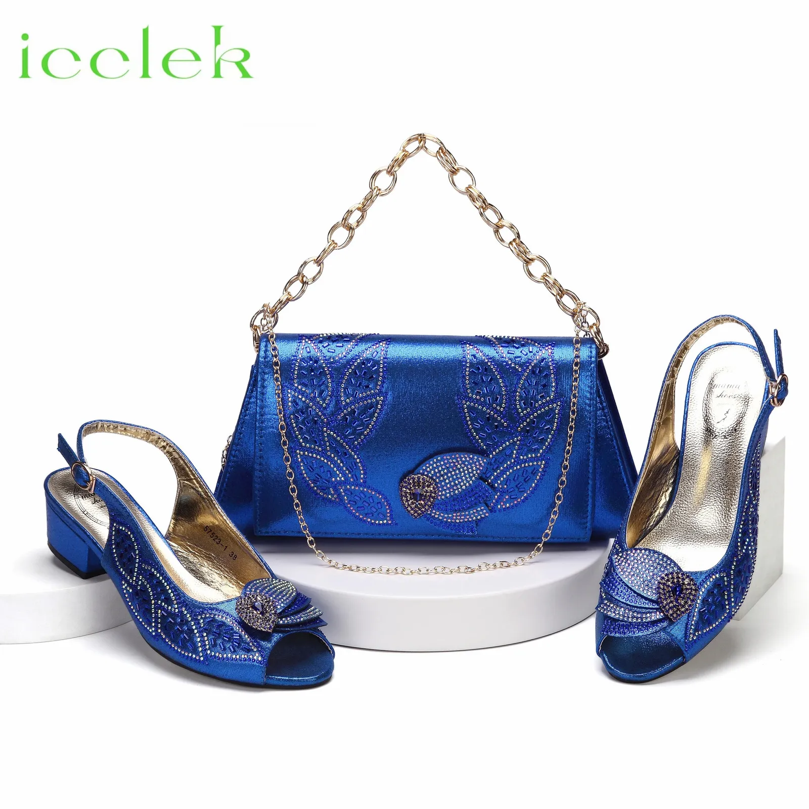 Säljer Royal Blue Peep Toe Ladies Sandals Shoes Matching Bag Set för Nigeran Women Wedding Party Pump 240130