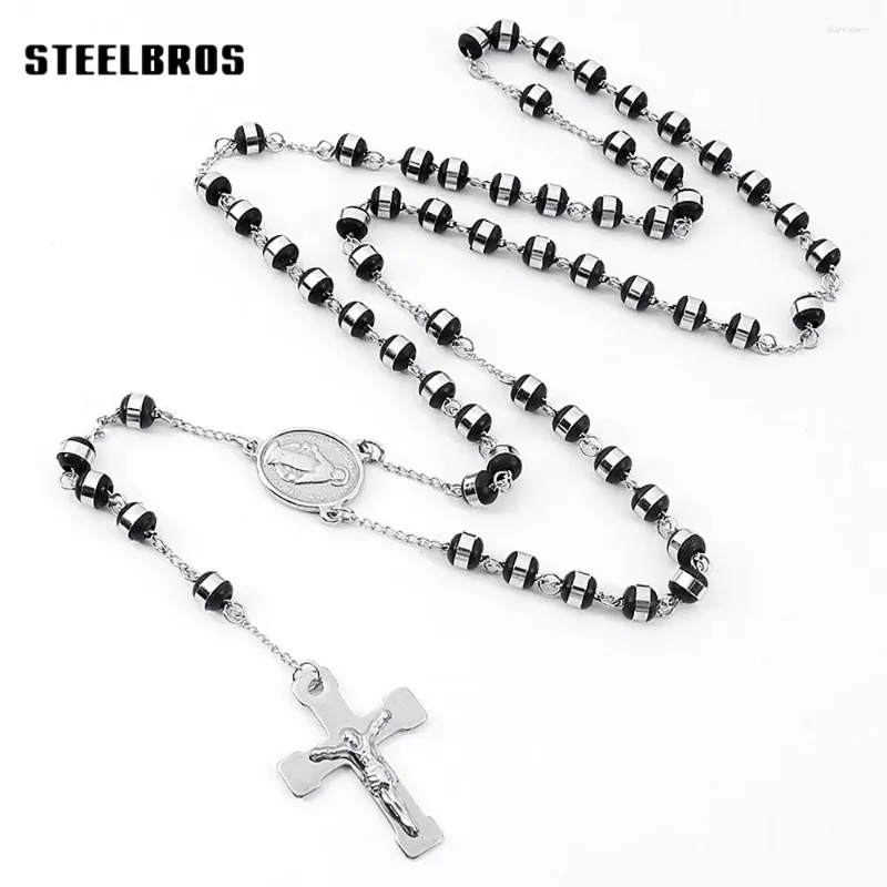 Pendentif Colliers Steelbros 6mm Perles noires Collier de chapelet catholique en acier inoxydable Jésus Crucifix Croix Hommes Femmes Bijoux religieux Cadeau