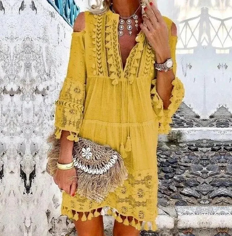 Casual Dresses Ethnic Style Embroidery Hollow Out Bow Women Dress Boho Beachwear Long Sleeve Ruffles V-Neck Floral Pullover Yellow Robe