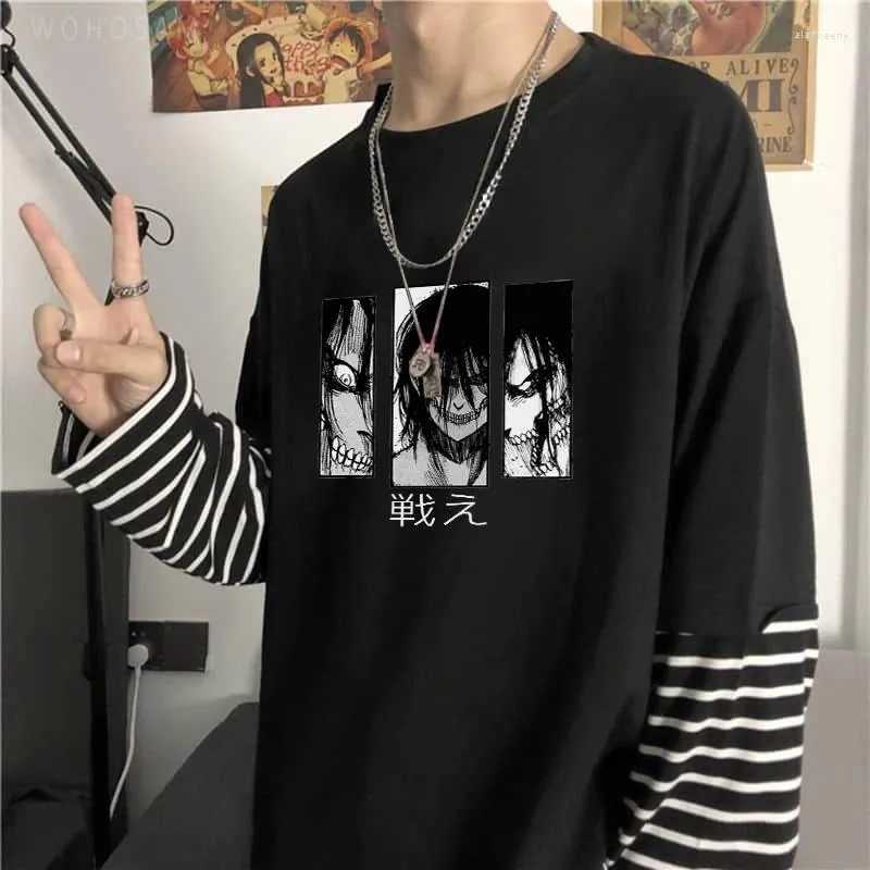 T-shirts pour hommes Attaque d'anime japonais sur Titan Black White Stripe T-shirts Summer Gothic Yeager Eren Impression graphique Harajuku Streetwear mâle