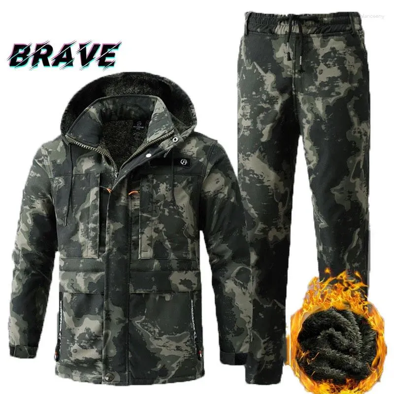 Survêtements pour hommes hiver épaissi chaud camouflage 2 pièces ensemble imperméable résistant à l'usure veste multi-poches ski costume coupe-vent