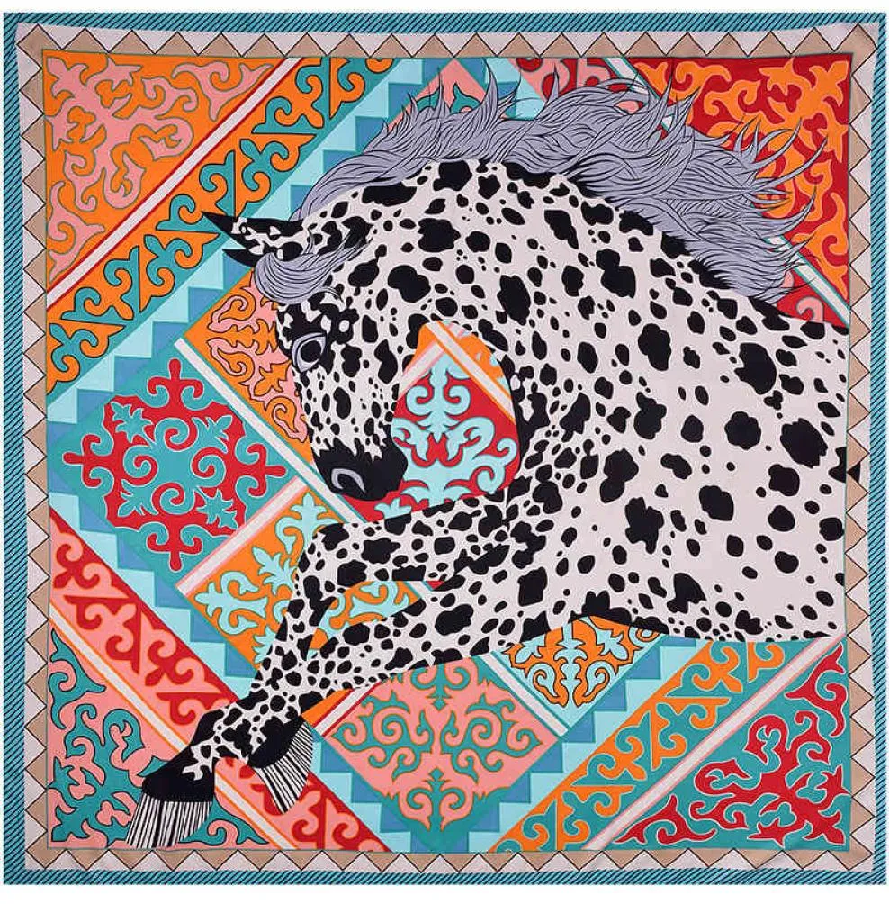 130130cm Luxury Women Leopard Square Twil Silk Scarf Fashion Female Shawls and Wraps Foulard Femme Horse Print Banadana2701050