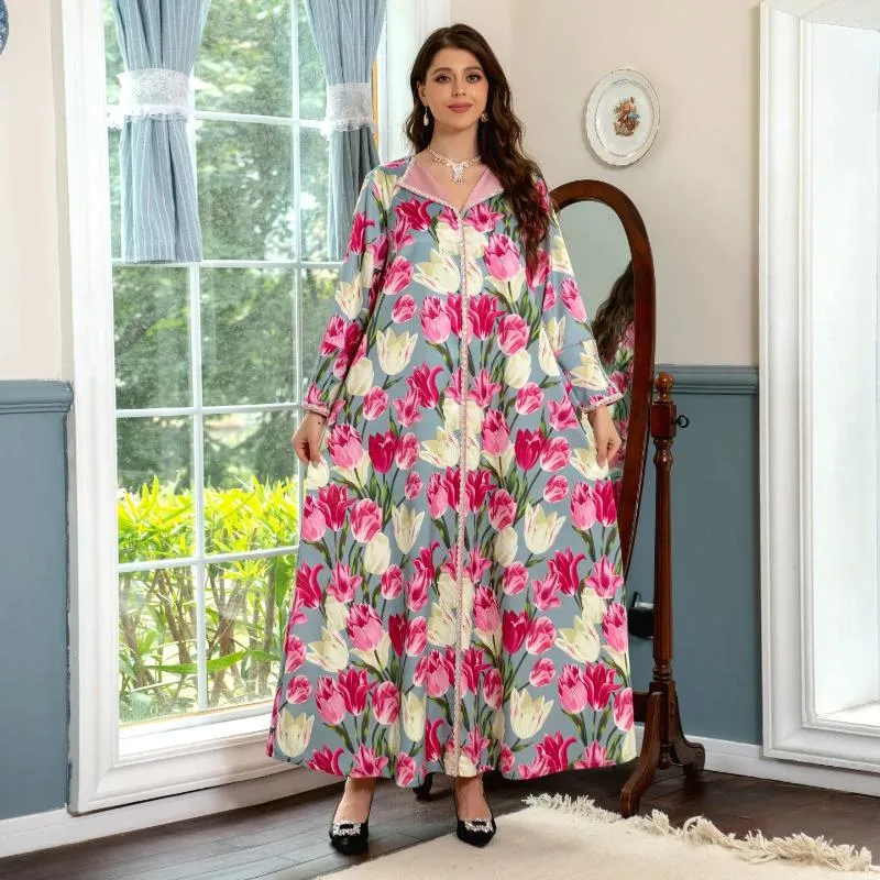 Vêtements ethniques Mode Tulip Fleur Imprimer Décoré avec une broderie exquise Robe de soirée élégante Robe de soirée Moyen-Orient Femme musulmane