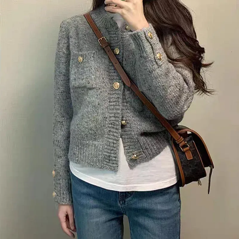 ABRINI Strickpullover mit langen Ärmeln und V-Ausschnitt, eleganter Büropullover, solide Jacke, Herbst-Winter-Damen, grauer einreihiger Strickjackenmantel 240202