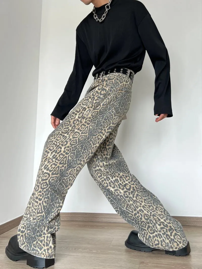 Jeans masculinos homem americano retro leopardo impressão homens e mulheres lavados velho nicho solto casual reta perna larga calças y2k