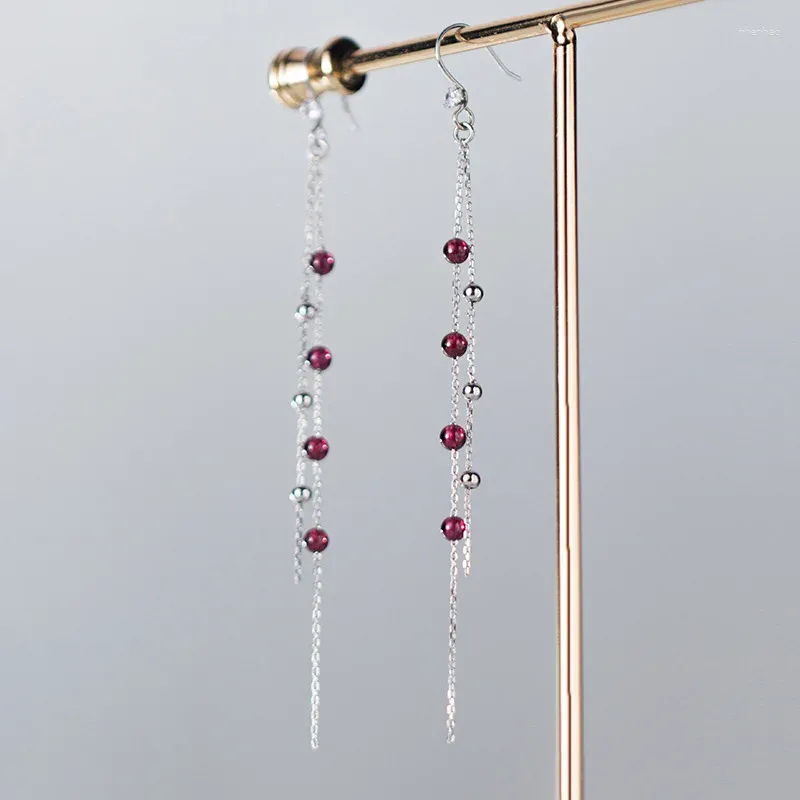 Kolczyki Dangle Bohi Real. 925 srebrna biżuteria podwójne rzędy Czerwona Garnet Kamień Szczęśliwy okrągłe kulki kulki Tassel Hook C-G0070