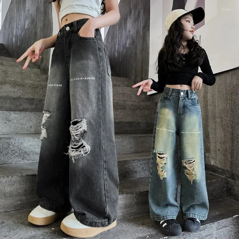 Trousers Korean Spring Autumn Junior Girl Jeans Elementary Denim Wide-leg Pants Teenaegr Gradient Distressed Kids