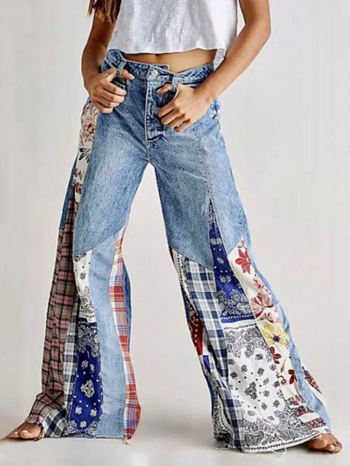 Kobiety wiosenny patchwork jeansowy duże flare spodnie Vintage Zipper Streetwear Kieszonkowe szerokie nogi bręki Midwaist Dżinsy 240118