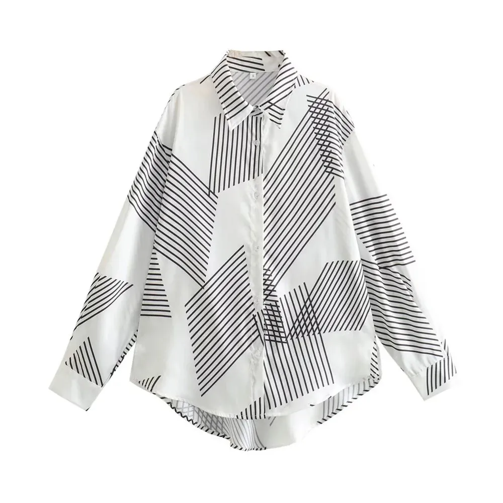 Taop Za Early Spring Product Womens Fashion and Casual Versatile Flip Collar Geometric Printed Shirt 240127