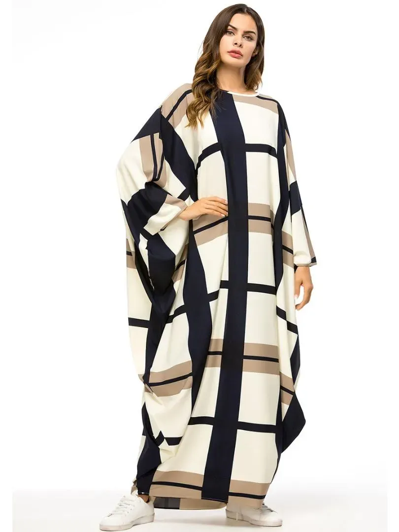 Casual Bat Sleeve Maxi Dress Print Plaid Muslim Abaya Kimono Long Robe Gowns Jubah Ramadan Middle East Islamic Prayer Clothing