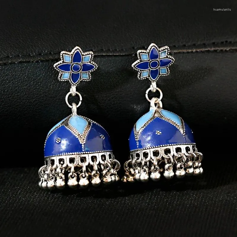Boucles d'oreilles pendantes Vintage fleur bleue, grandes cloches pour dames, bijoux Boho, couleur argent Antique, goutte d'huile, Jhumka suspendu