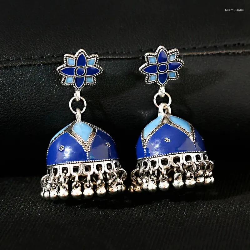 Dangle Oorbellen Vintage Blauwe Bloem Grote Bells Dames Boho Sieraden Antiek Zilver Kleur Druipende Olie Jhumka Hangend