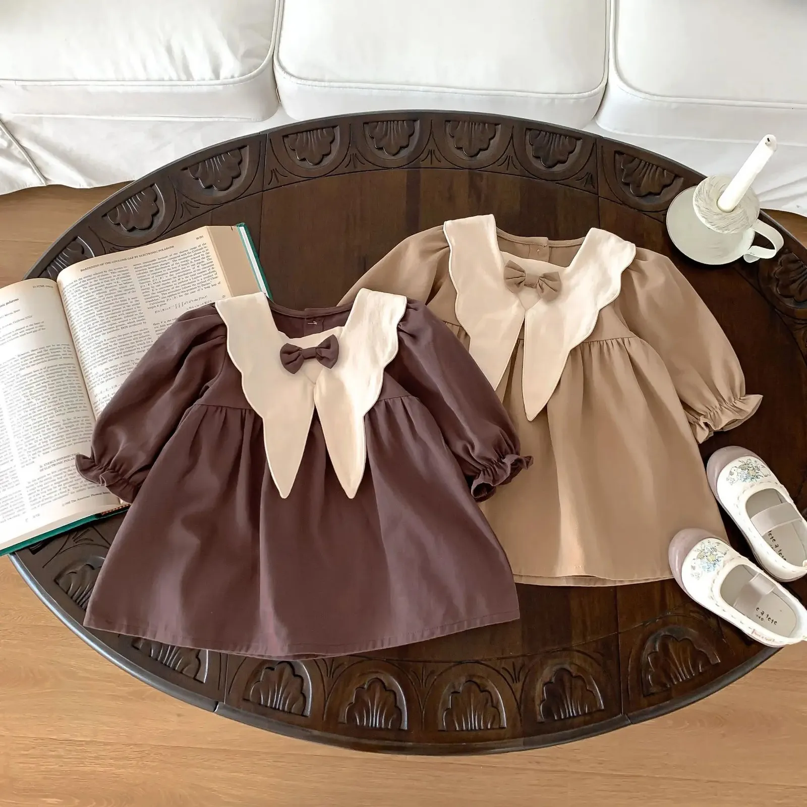 Korean Spring Autumn Kid Girl Dress Cotton Long Sleeve Vintage Knotbow Baby Girls Frocks Mittade midja Toddlerutrustning 240131