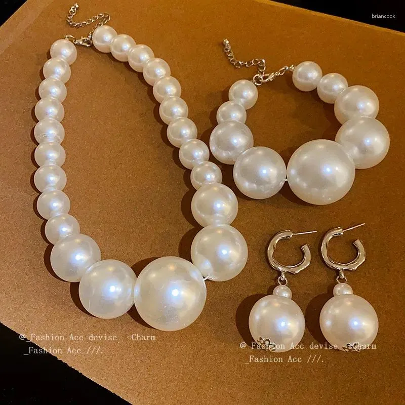 Necklace Earrings Set Exaggerated Imitated Pearl Jewellery Sets For Women Trendy Choker Vintage Earring Exquisite Bracelets Charm Neck Chain