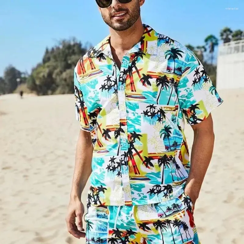 Herrspårar 2024 Hawaii stil män kläder trend tryckt kort ärmskjorta och shorts 2 stycken set casual semester stranddräkt