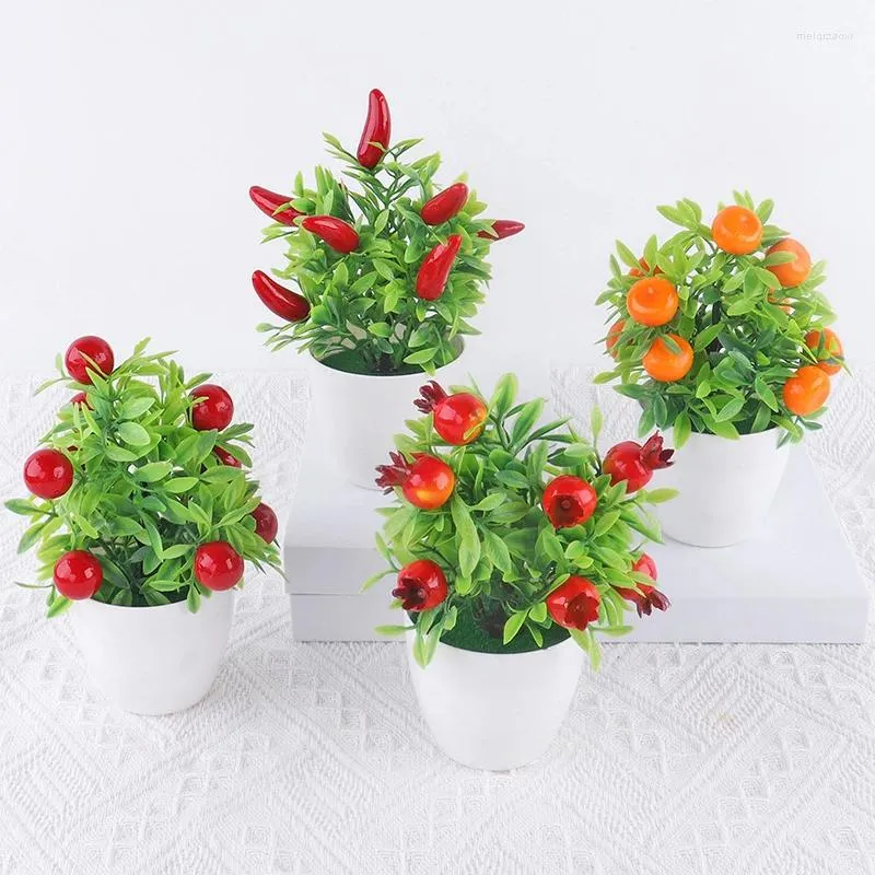 Flores decorativas Planta Artificial Bonsai Laranja Romã Fruta Árvore Janela Peitoril Decoração Plástico Falso Vaso Ornamento Decoração de Quarto de Casa