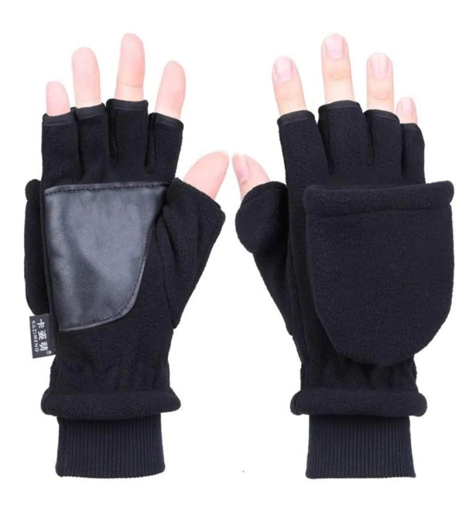 Femmes hommes hiver polaire demi doigt gants à rabat Double couche Thien écran tactile mitaines convertibles sans doigts poignet 4118866