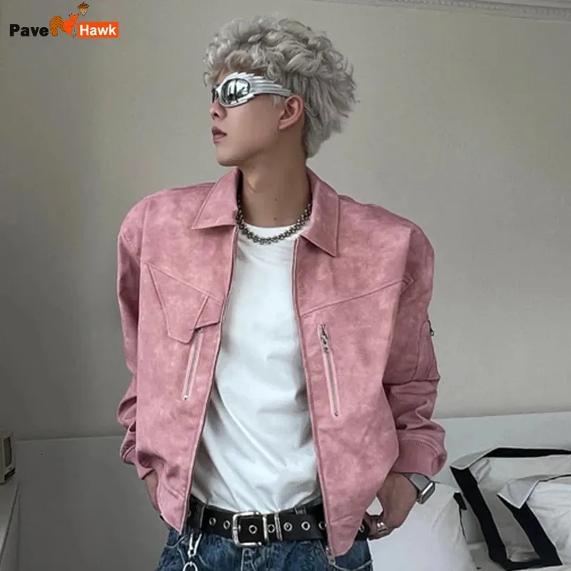 Mens Cropped PU Leather Jacket Fashion Turndown Collar Gradient Color Retro Coat Zipper Motorcycle Outwear Spring Pink 240201