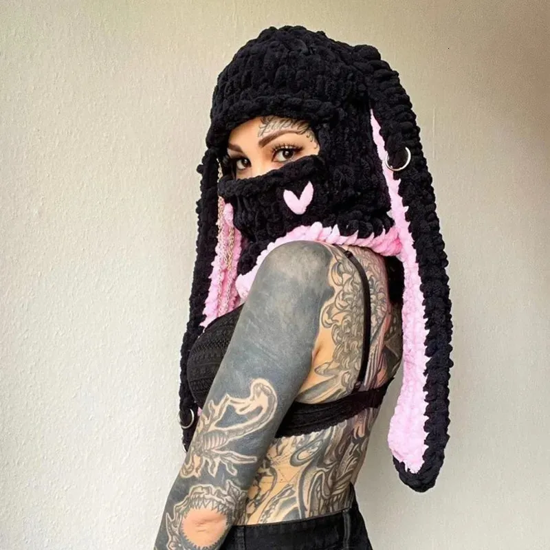 Donne Bella Lunga Orecchio di Coniglio Beanie Cappello Punk Gotico Delle Donne di Inverno Addensare Caldo Antivento Berretti A Maglia Chic Streetwear 240122