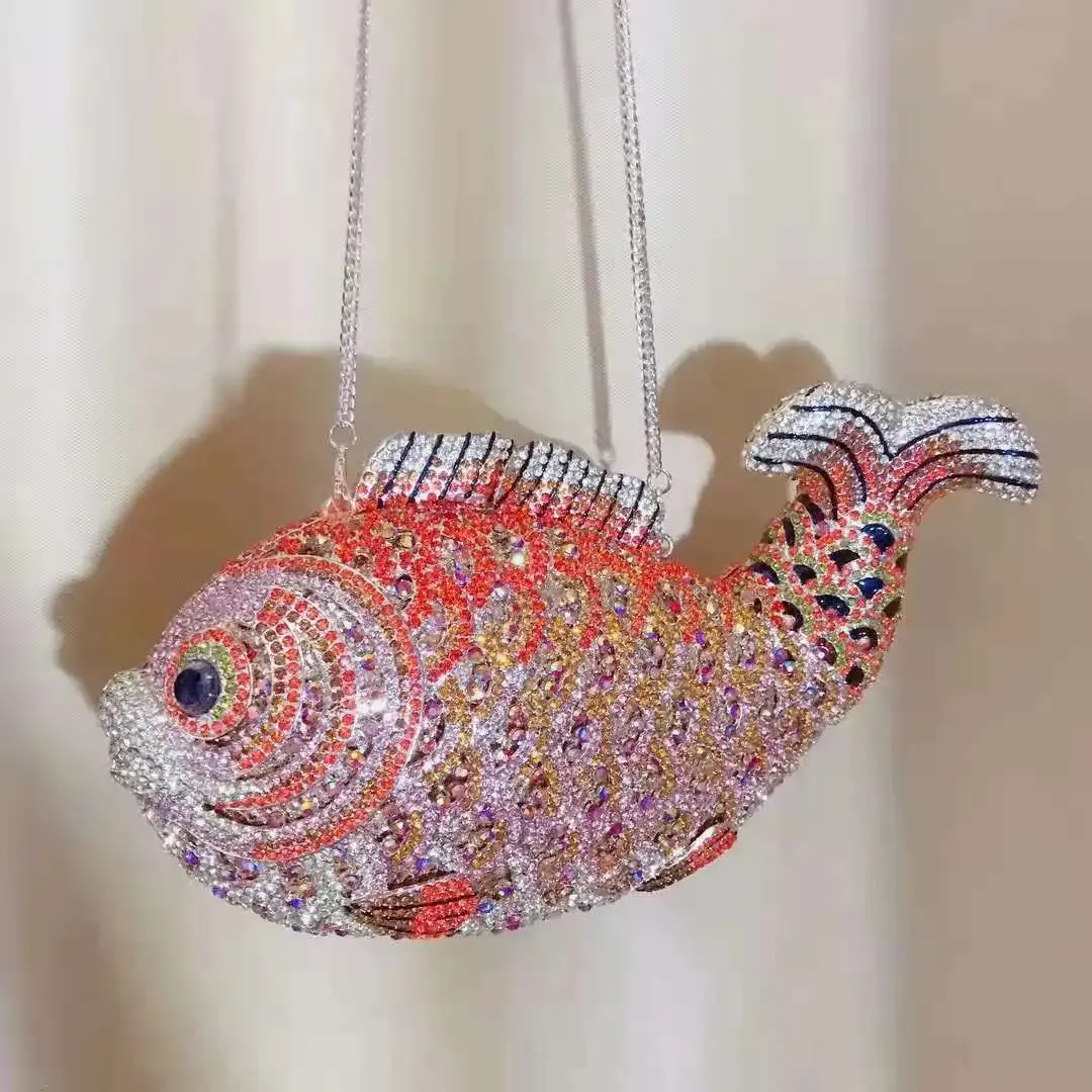 Xiyuan Fish Shape Women Rhinestones Purse Evening Bags Diamond Metal Clutches Bag