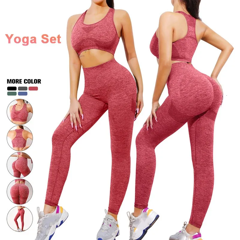 Gym Yoga Set Women Sport Bra Pants Workout Fitness Clothes High midje Hip Lift Sexy Leggings Seamless Sportswear 240118