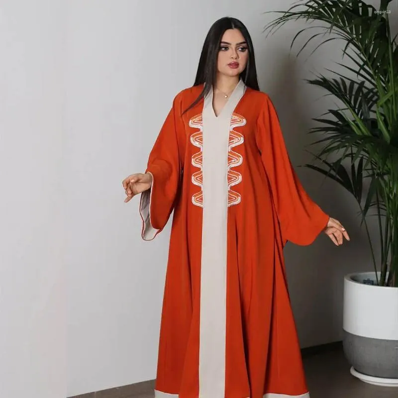 Roupas étnicas com capuz desenhar corda muçulmano hijab abaya solto manga longa abayas mulheres dubai kaftan turco modéstia robe jilbab com decote em v