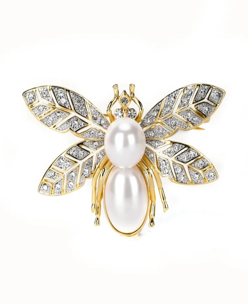 Broche Varole para mulheres Broche em forma de abelha com grande pérola cristal strass exclusivo broche banhado a ouro 18K6746655