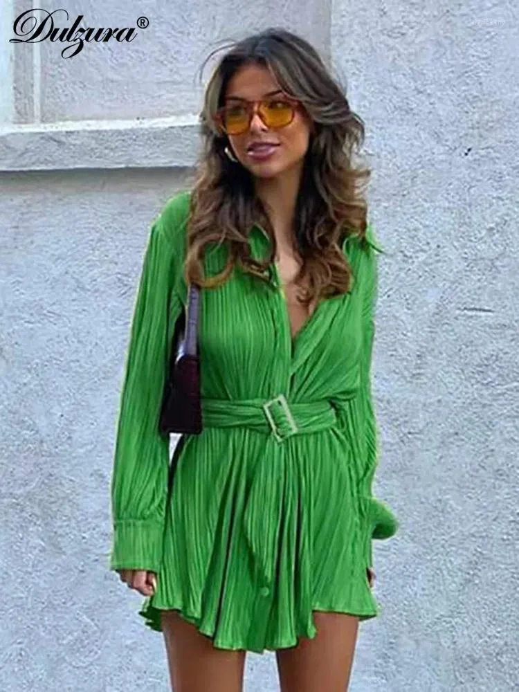 Casual Dresses Dulzura Long Sleeve Pleated Wrap Shirt Mini Dress Belt Turn Down Collar V Neck Streetwear Green Y2K Clothes Party Club