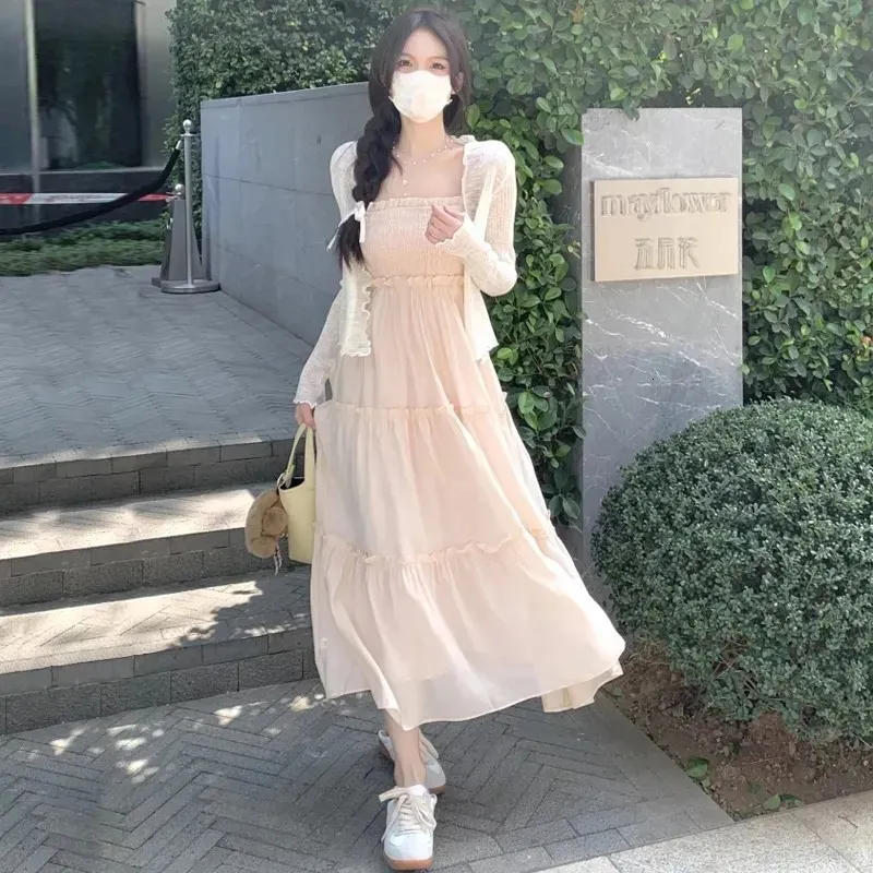 Korean Fashion Womens Summer Y2k Fashion Sleeveless Lace Loose Pink Casual Midi Dress Elegant Sukienka 240210