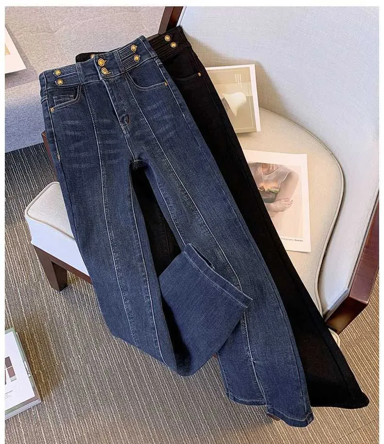 Kvinnors jeans vintage blå delad flare kvinnor vår höst koreansk hög midja smal golv svepande denim byxor svarta avslappnade byxor