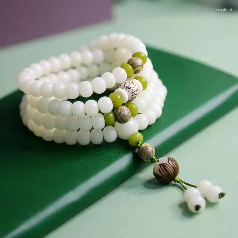 Bracelet Bodhi en Jade blanc naturel, avec 108 Bracelets en bois, perles de bouddha, étoile de prière, lune