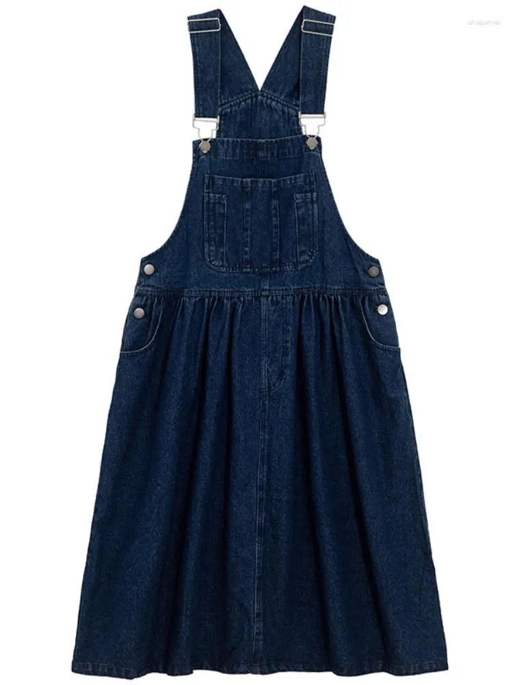 Casual Dresses Summer Preppy denim Övergripande klänning Kvinnor ärmlös justerbar rem Bib Pocket Blue Jeans Vintage A Line Midi Jean