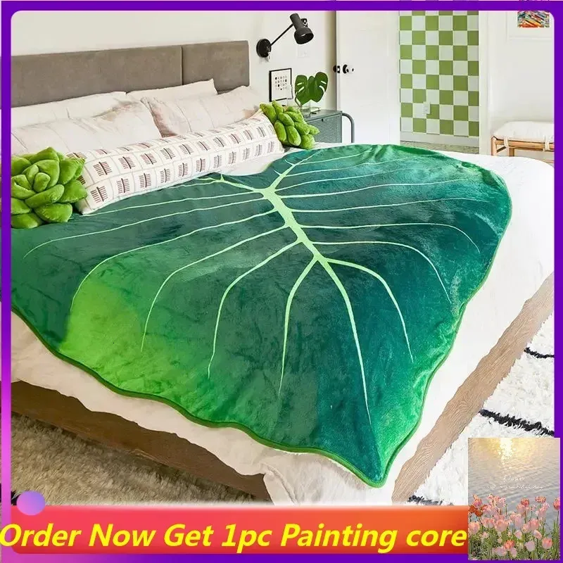 Flanel deken bladvormige dekens bankgooien grote groene bladeren dekens voor slaapbank sprei home decor manta 240119