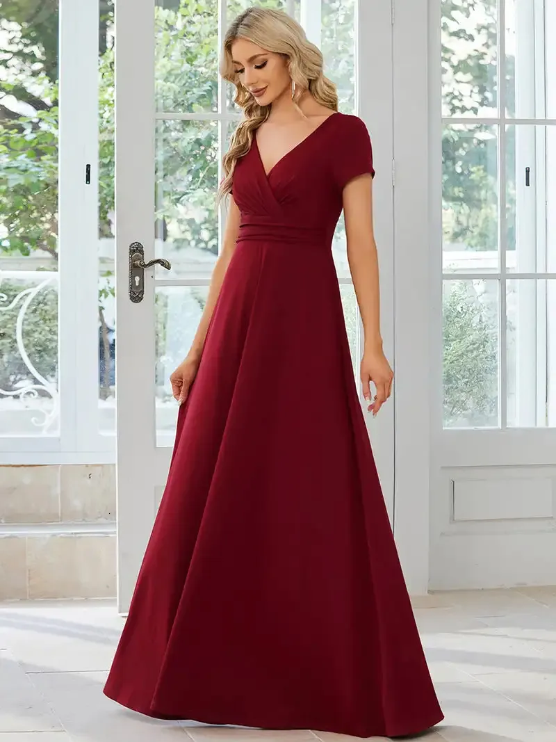 Elegant Evening Dresses V Neck Short sleeve Waist retraction Floor-Length 2024 of Chiffon Burgundy bridesmaid dresses 240125