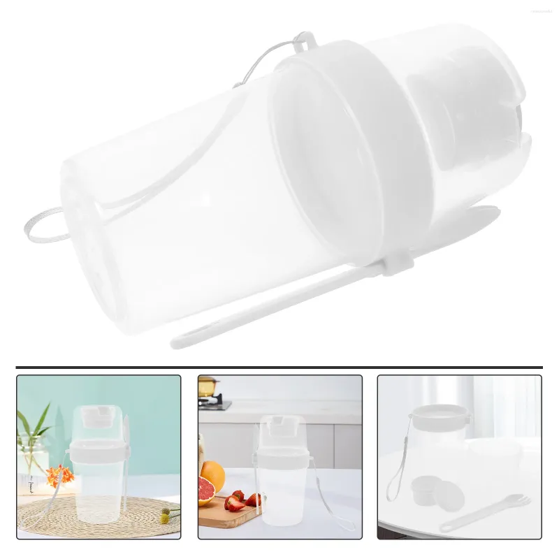 Recipientes de louça para aveia durante a noite portátil dupla camada salada copo branco 800ml frascos de cereal de cereal