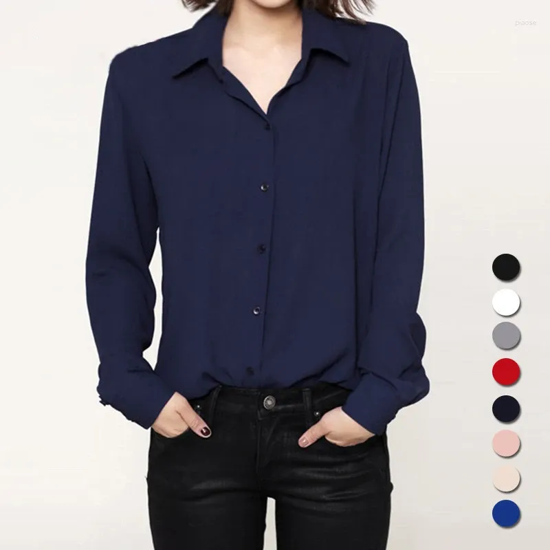 Blusas de mujer 2024 otoño Color sólido solapa camisas de gasa de manga larga Simple Casual suelta mujer blusa y Tops ropa de oficina para mujer