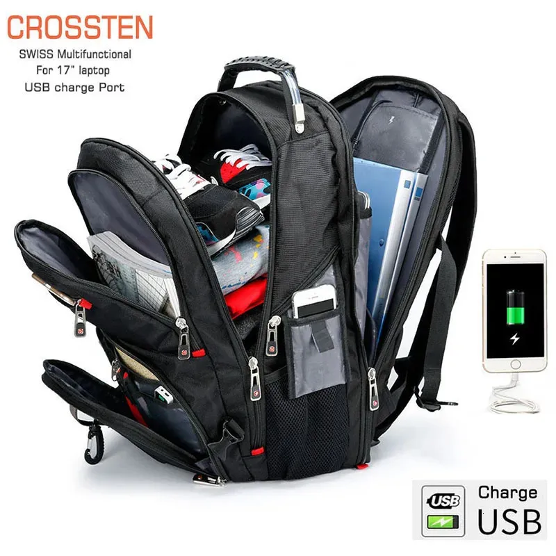 Mochila para portátil Crossten duradera de 17 pulgadasBolsa de viaje de 45LMochila universitariaPuerto de carga USBResistente al aguaSuizoMultifuncional 240119